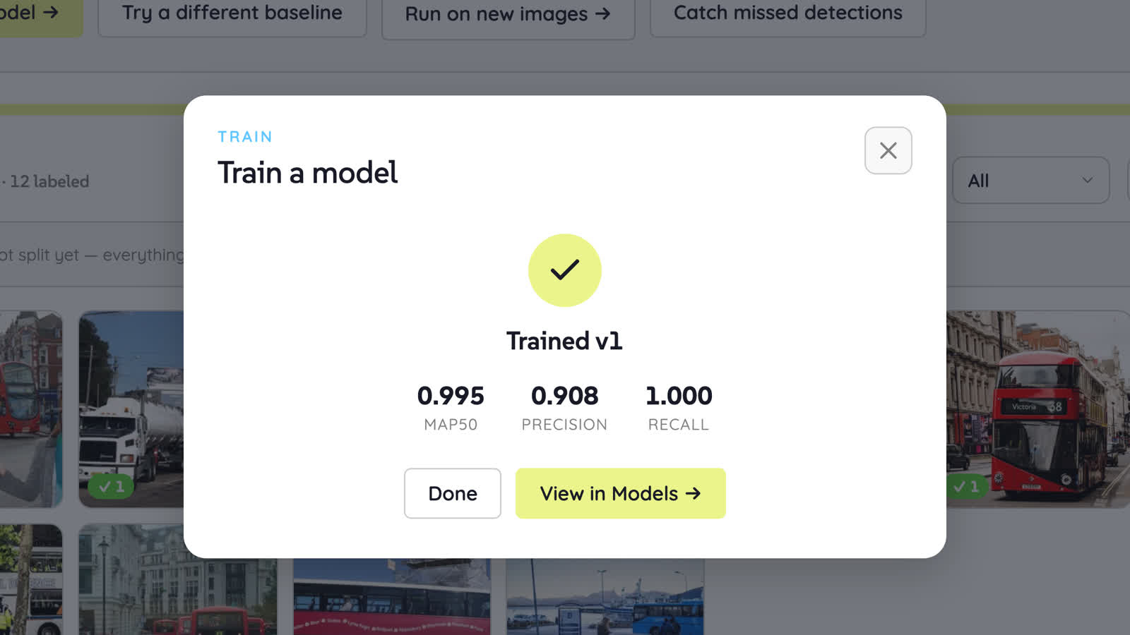 The VisionEngine ”Trained v1” result card: measured mAP50 0.995, precision 0.908, recall 1.000 against the held-out split