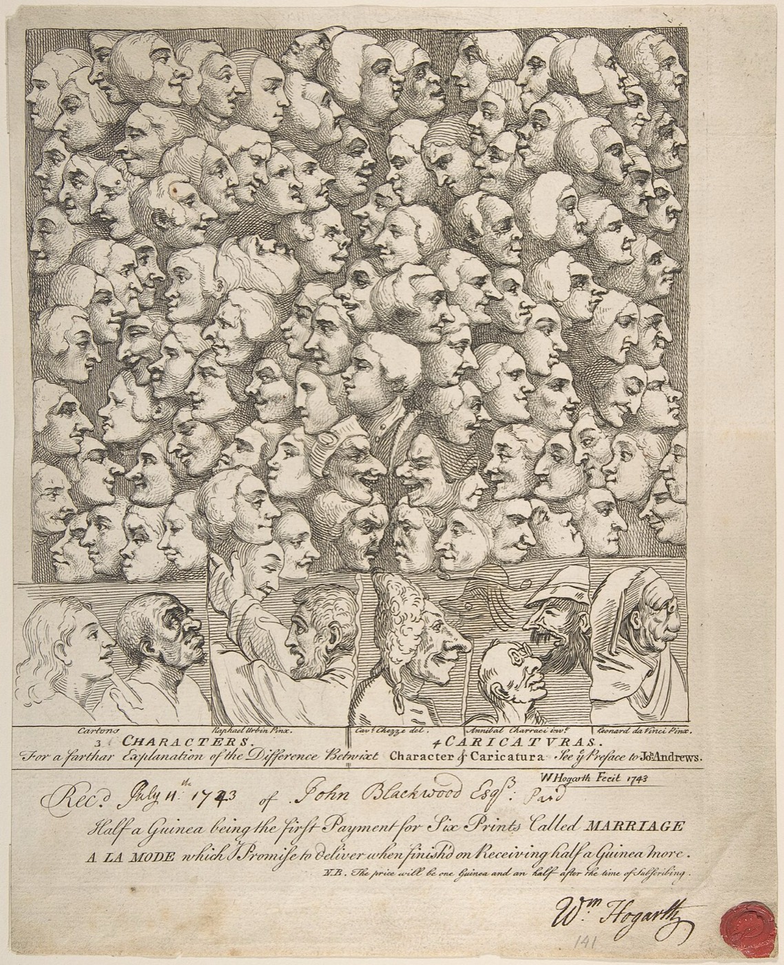 An 18th-century engraving showing rows of naturalistic profile heads above rows of exaggerated caricatures