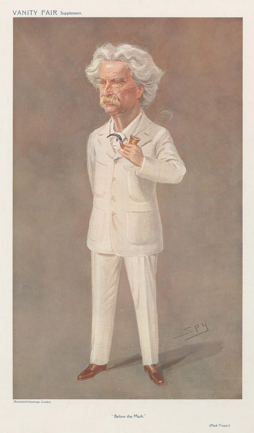 A caricature of Mark Twain by 'Spy' (Leslie Ward): a heavy white mane and drooping moustache over a slouching figure in a white suit, holding a pipe.